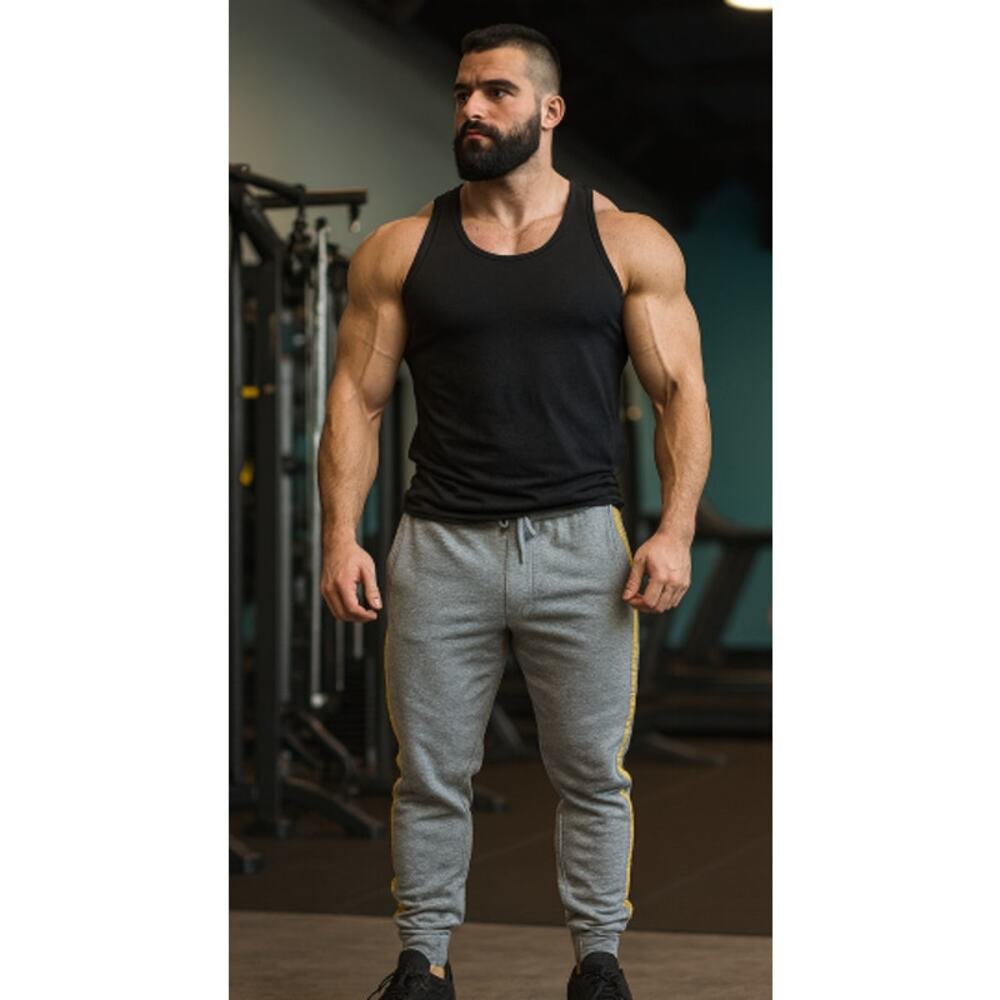 Gymshark Heather Grey Joggers, Yellow Track Logo, Size Large - Flawed